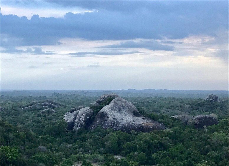 A mountainous landscape with dense green forest and a prominent rock formation. 3