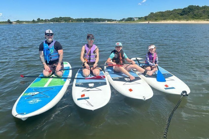 Four people on paddleboards in calm water with a beach and trees in the background. 4