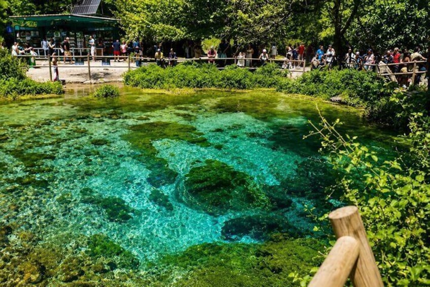 Een helder waterlichaam omringd door groen, met mensen die vanaf een houten constructie kijken. 5
