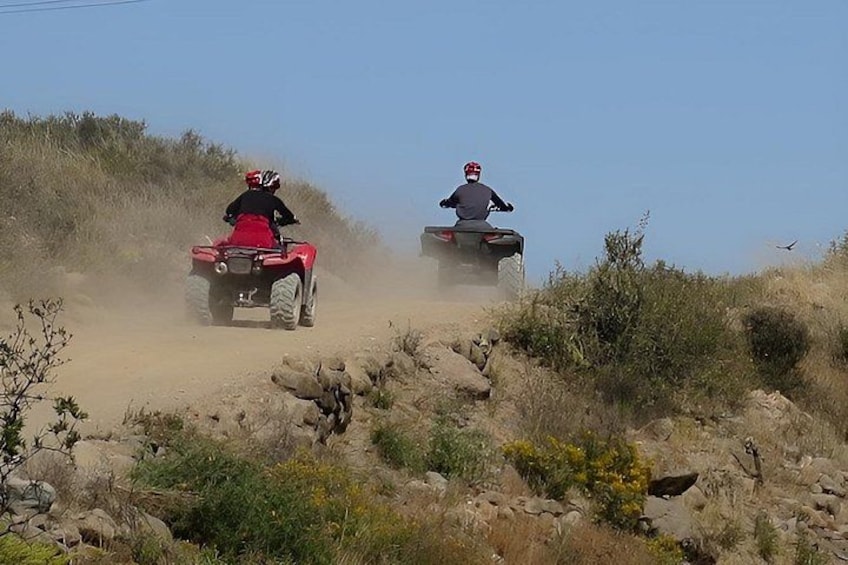 Due persone guidano quad sulla pista sterrata, tra vegetazione rada e rocce. 5