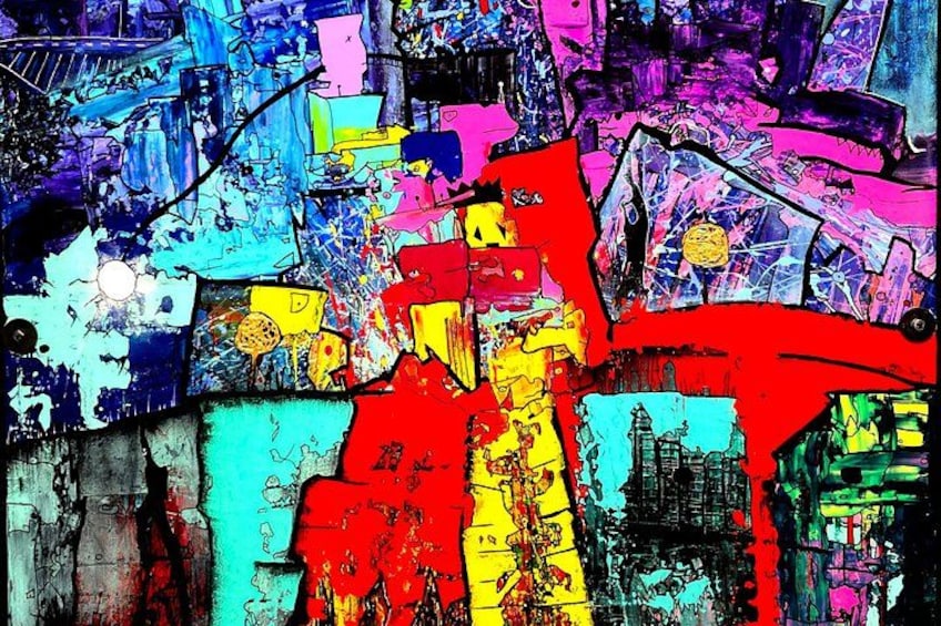 A vibrant abstract painting with bold colors and dynamic shapes. 2