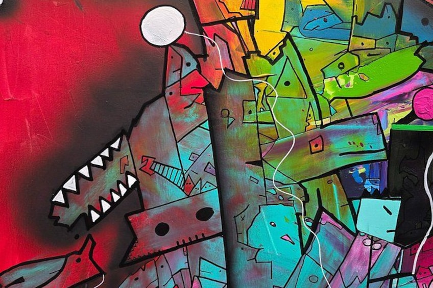 A colorful abstract painting with geometric shapes and lines. 4