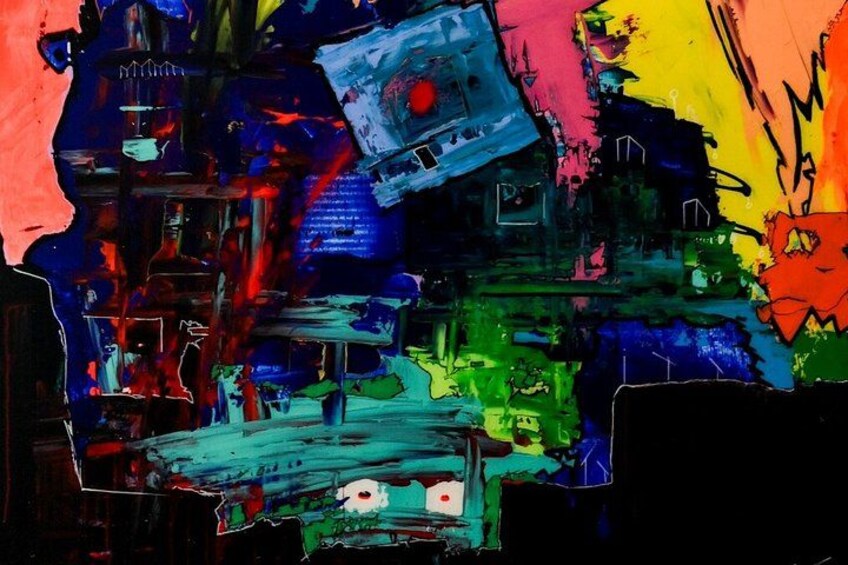 A vibrant abstract painting with various colors and shapes. 5