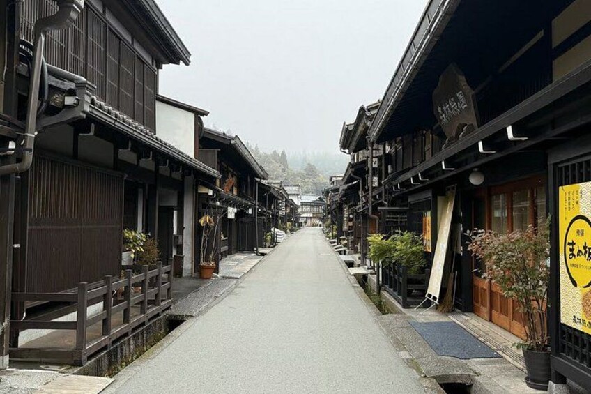 A narrow street lined with traditional wooden buildings, some with signs and plants. 5