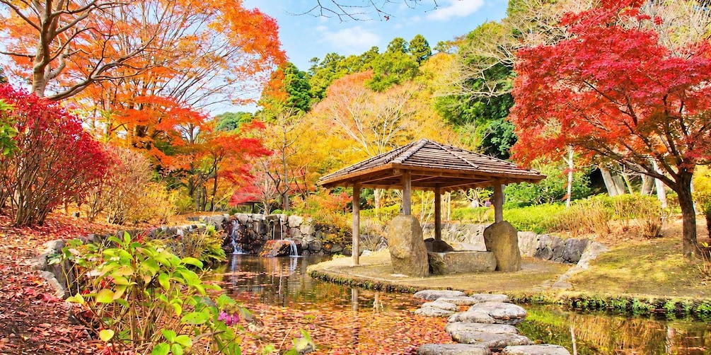 Ein traditioneller japanischer Garten mit einem hölzernen Pavillon, einem Teich mit Stegplatten und leuchtend bunter Herbstlaubfärbung. 5