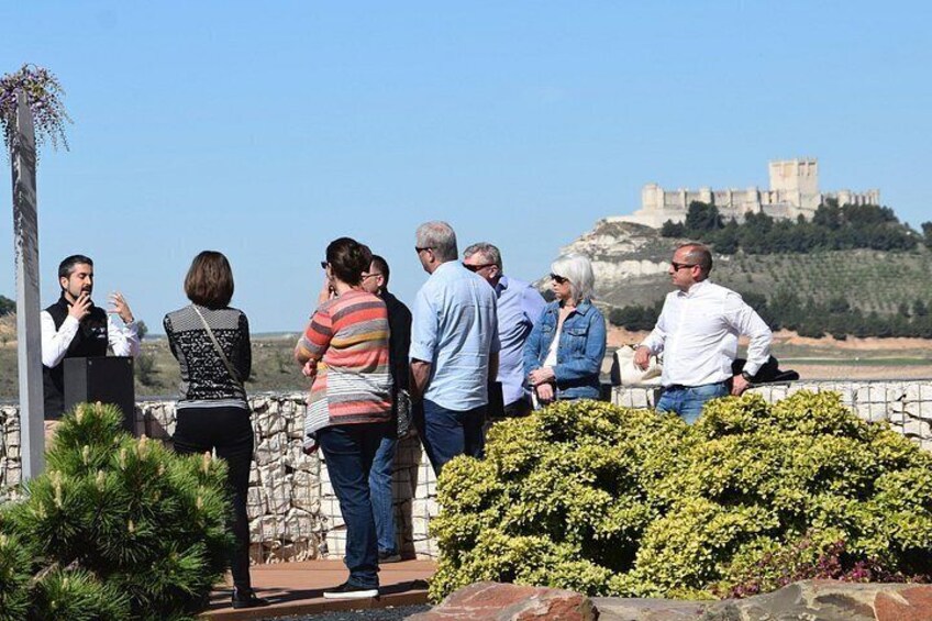 Un groupe de personnes se tient à l’extérieur, près d’un mur de pierre, avec un château perché sur une colline en arrière-plan. 5