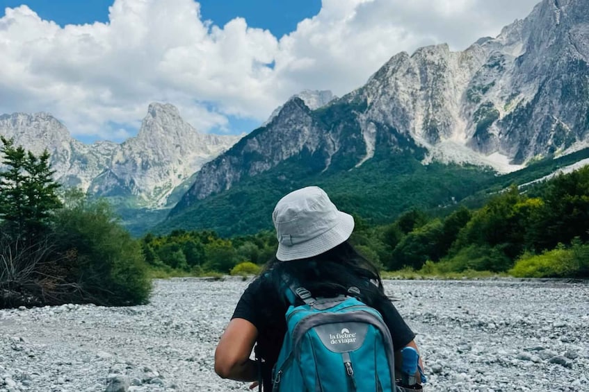 A person with a backpack and hat, facing a mountainous landscape. 1