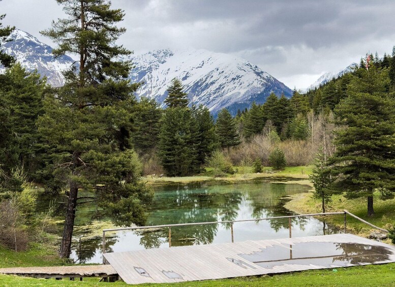 A serene lake surrounded by coniferous trees and snow-capped mountains under a cloudy sky. 4