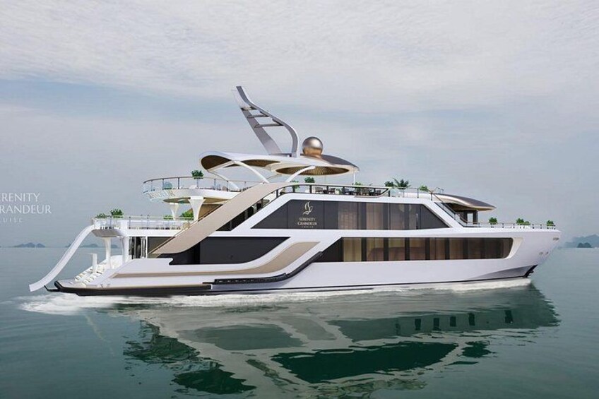 A large, modern yacht with multiple decks and a sleek design. 3