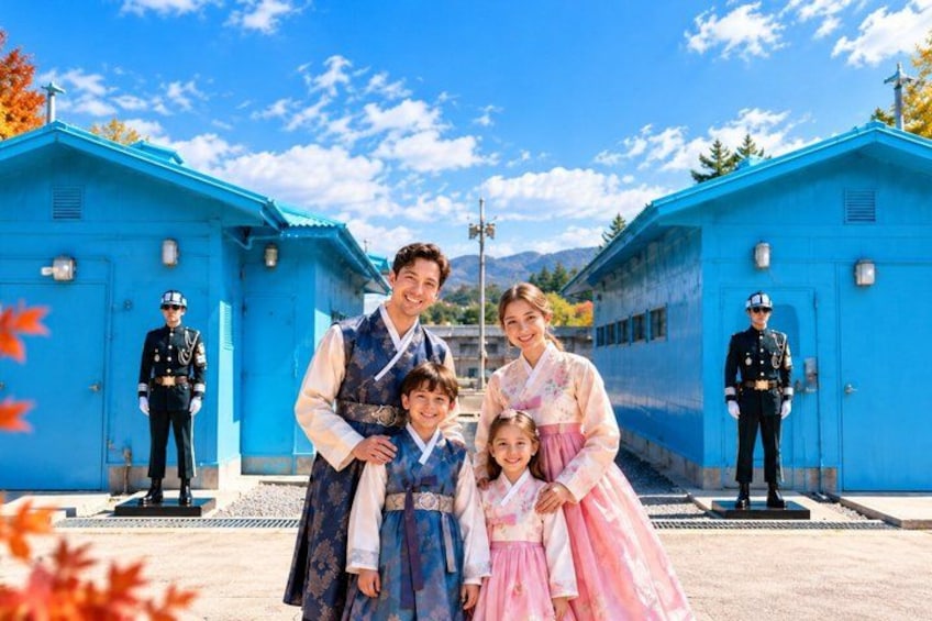 A family in traditional attire in front of blue buildings with uniformed guards. 2