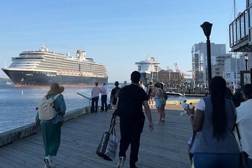 A cruise ship docked at a port with people walking on a wooden pier. 4