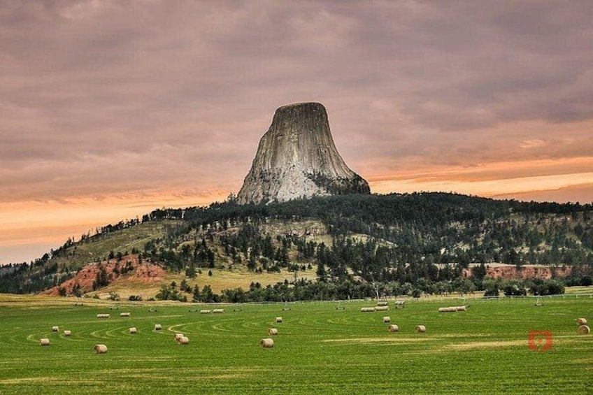 Une grande formation rocheuse entourée de champs verdoyants et de moutons. 2