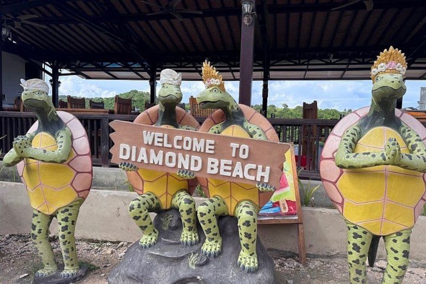 A sign with three turtle statues and the text 'WELCOME TO DIAMOND BEACH'. 3