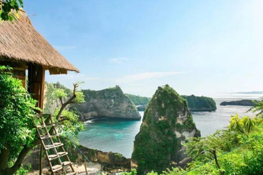 A thatched-roof hut, a wooden ladder, lush greenery, and a coastal landscape with clear blue water and rocky outcrops. 4