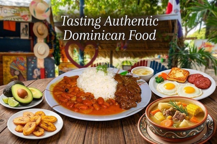 A variety of Dominican dishes including rice, beans, and a stew, presented on a wooden table with tropical background. 1