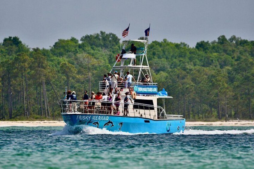 A blue boat named 'Frisky Mermaid' with passengers on a beach. 4