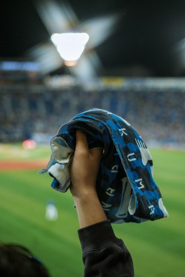 A person holding a blue and black patterned cloth. 5