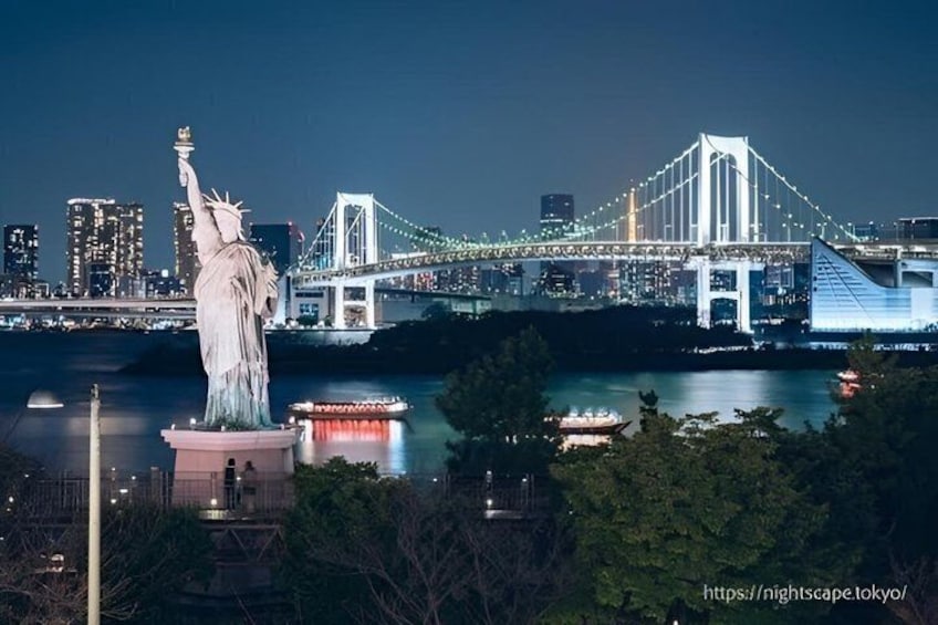 La statue de la Liberté et un pont, de nuit. 1