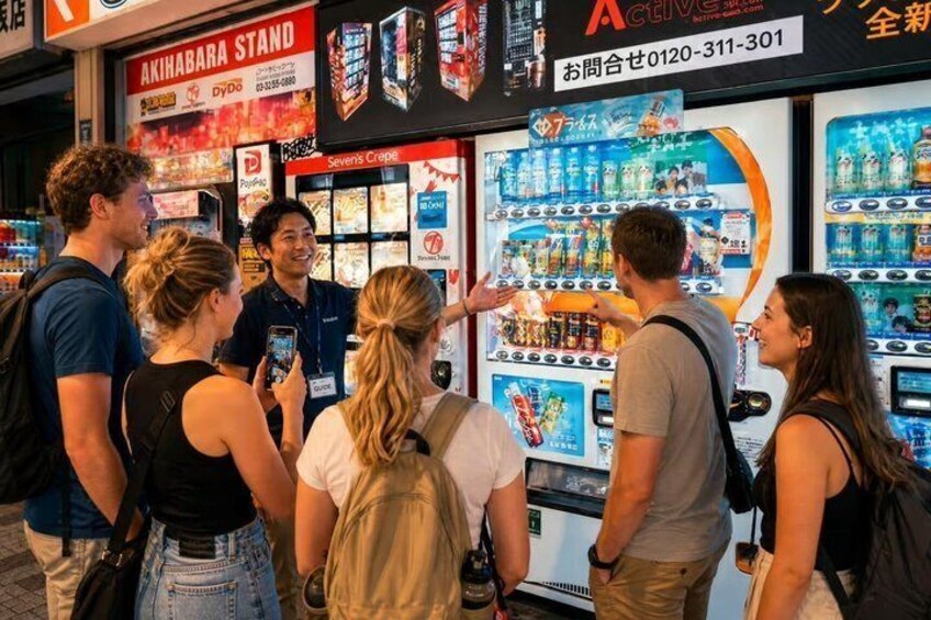 En grupp människor står vid en försäljningsautomat. I närheten finns en skylt med texten ”AKIHABARA STAND” och ett telefonnummer. 1