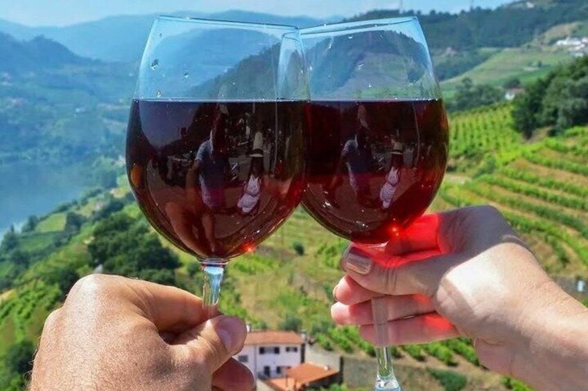 Two hands holding wine glasses with a vineyard landscape in the background. 4