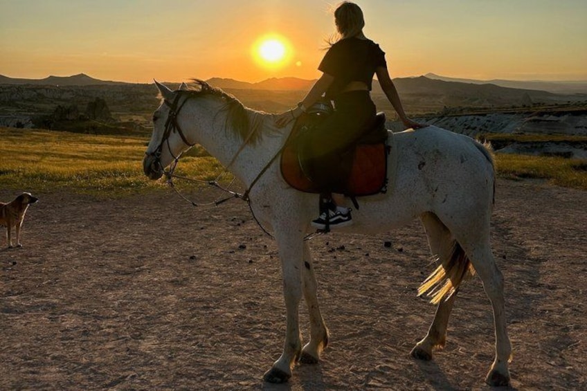 En person som rider på en vit häst på en grusväg under solnedgången. 2