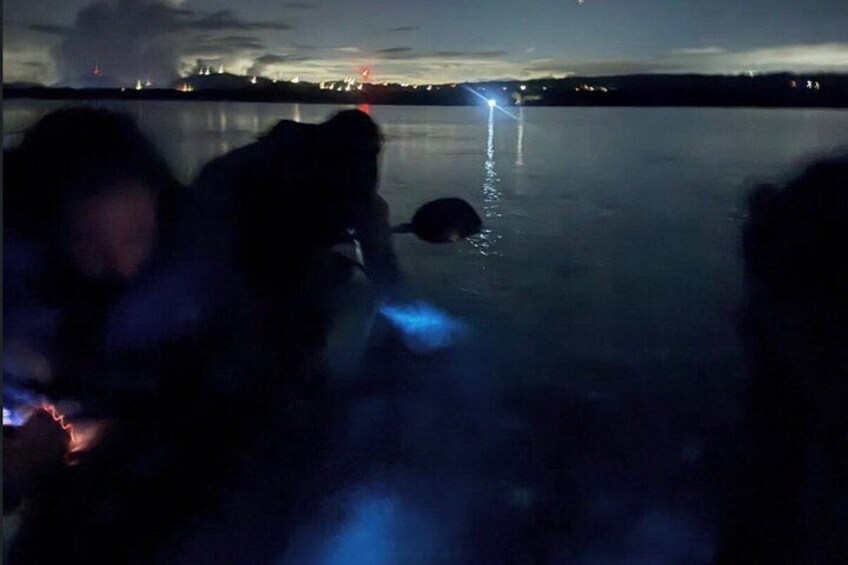 A nighttime scene by a body of water with reflections of lights. 4