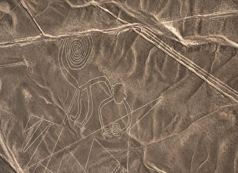 A desert landscape with ancient petroglyphs and linear earthworks. 1