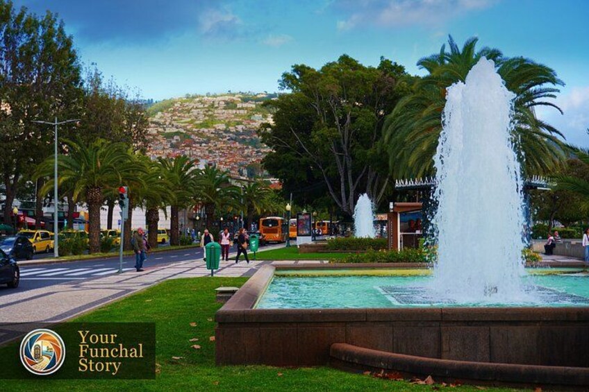 A fountain, palm trees, a bus, and a hilly landscape in the background. 4