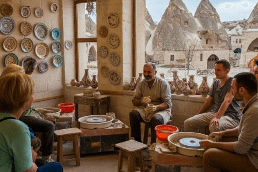 A pottery workshop with people engaged in pottery making, surrounded by pottery wheels and clay pots. 1