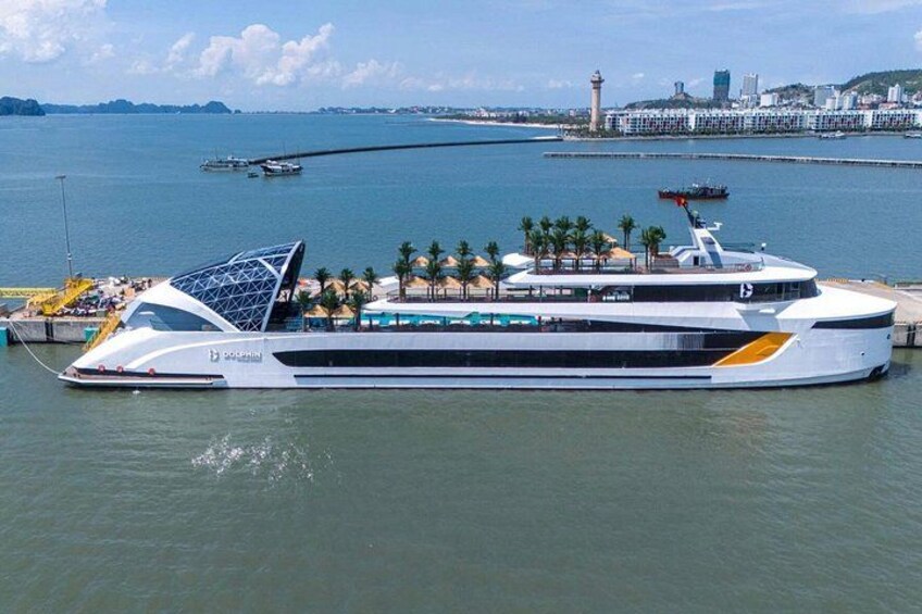 A modern cruise ship docked at a port with a city skyline in the background. 4