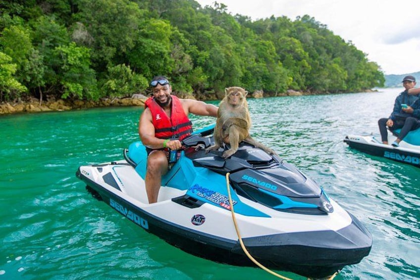 A person on a jet ski with a monkey on the back, surrounded by water and greenery. 1