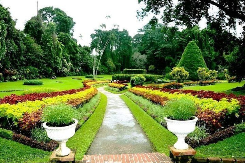 A formal garden with a central pathway, neatly trimmed hedges, and large urns. 1