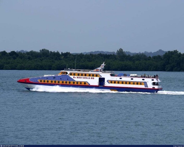 A speedboat with 'Mr. MIKO NATALIA 89' on its side, moving on a body of water with a forested shoreline in the background. 1