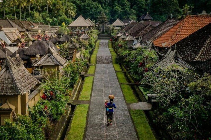 A traditional village with thatched-roof houses and a central pathway. 3