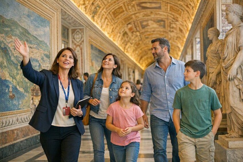 Una familia pasea por un museo con arquitectura clásica y esculturas. 5