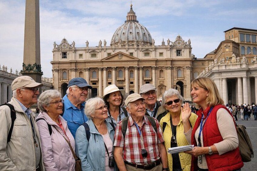 Un grupo de personas frente a un gran edificio histórico con columnas y una cúpula. 4