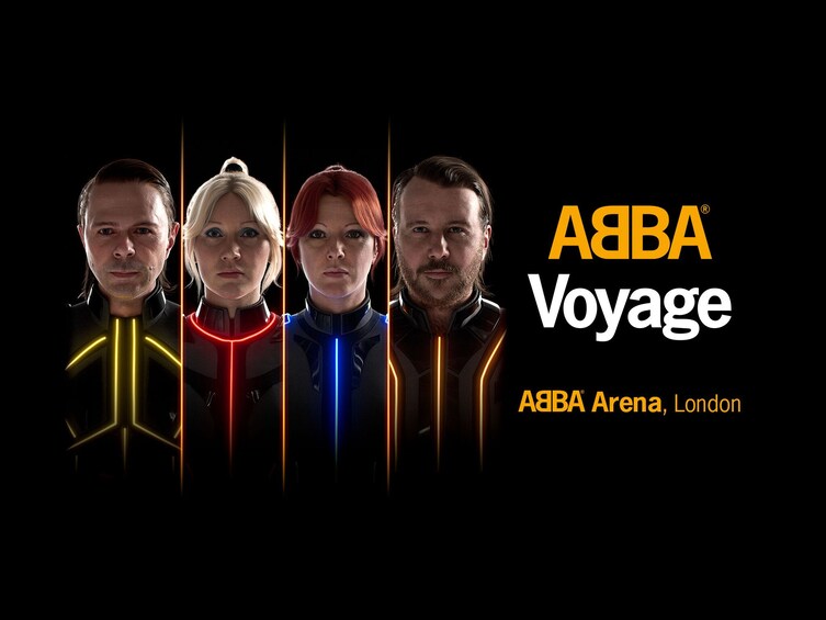 Four individuals in futuristic attire with the text 'ABBA Voyage' and 'ABBA Arena, London'. 1
