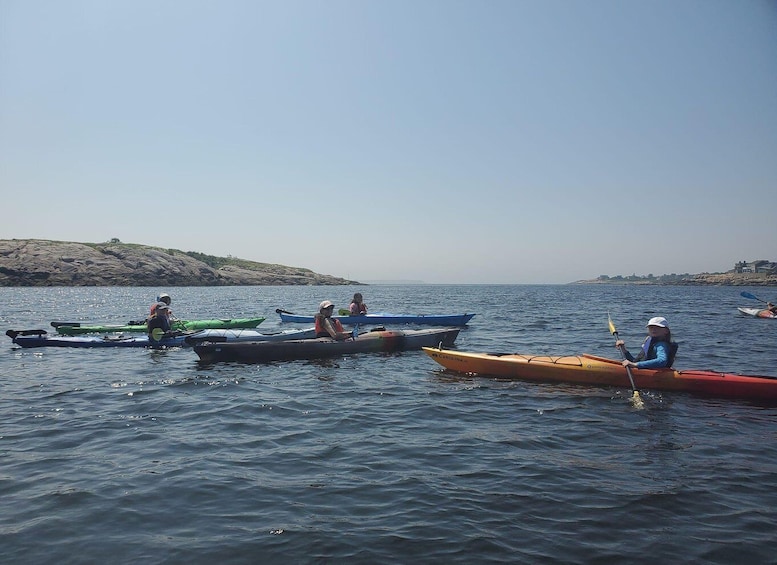 People kayaking on calm water with a rocky shoreline in the background. 4