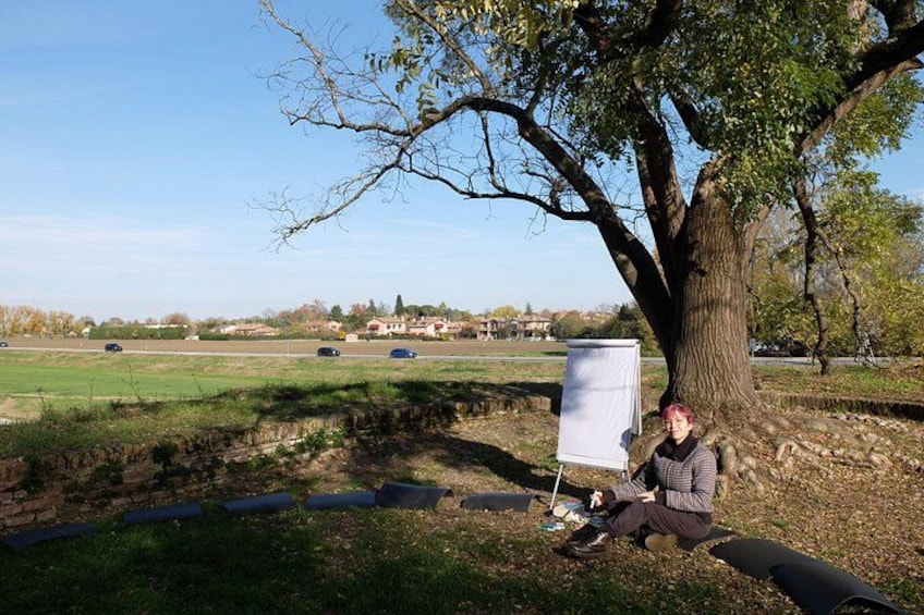 A person sitting under a tree with a blank canvas, a grassy field, and a road in the background. 4