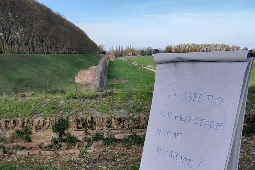 A sign with Italian text in a grassy field with a stone wall and trees in the background. 4