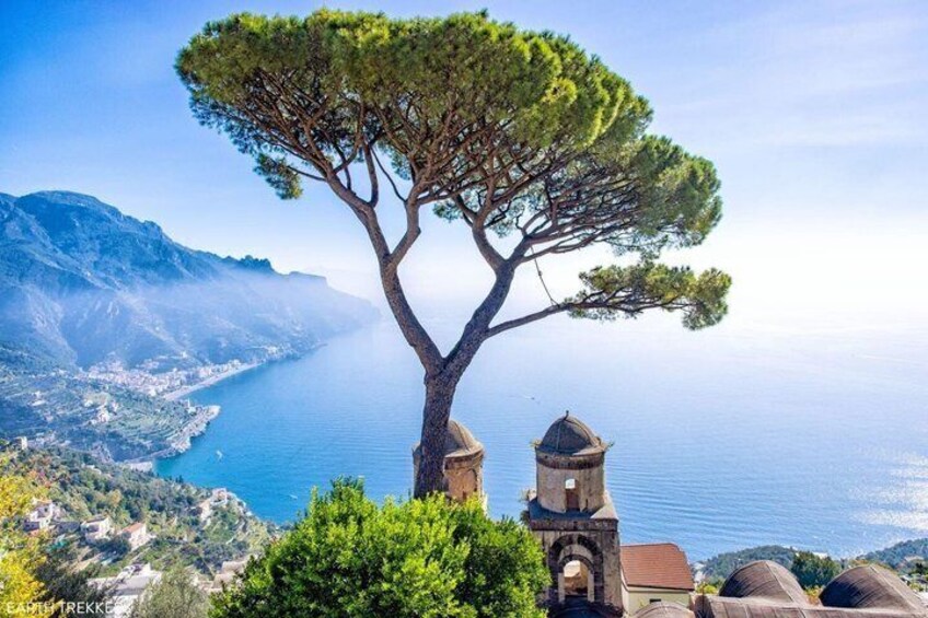 Paesaggio costiero con un albero imponente, il campanile di una chiesa e vista sul mare. 4