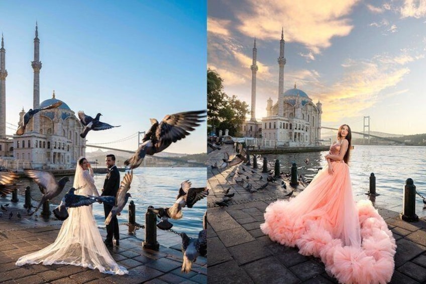 A couple in wedding attire by a historic mosque with a bridge in the background. 2