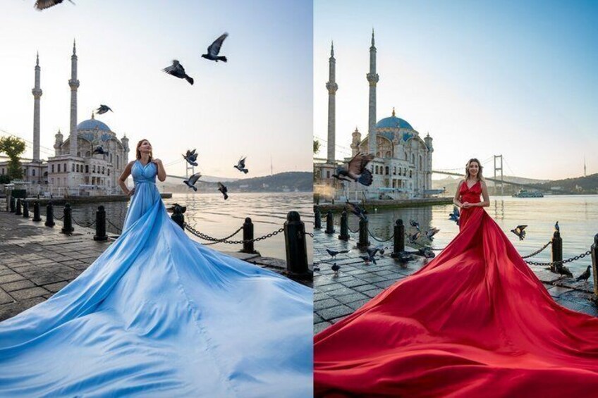 A woman in a long dress standing by a body of water with a mosque and a bridge in the background. 3
