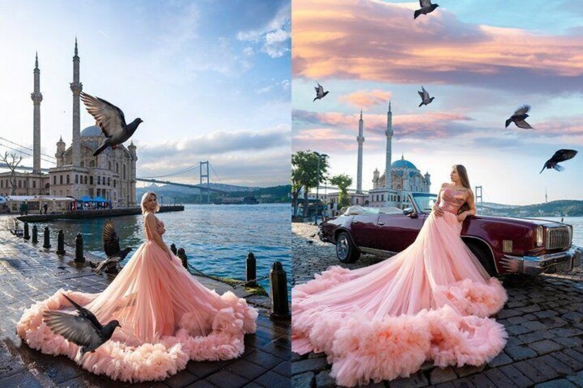 A woman in a pink dress by a waterfront with a mosque and a bridge in the background. 4