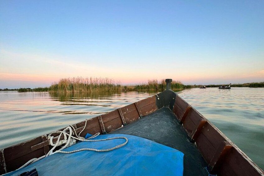 Un bote sobre aguas tranquilas con un lona azul en el suelo, una cuerda y una orilla cubierta de hierba al fondo. 1