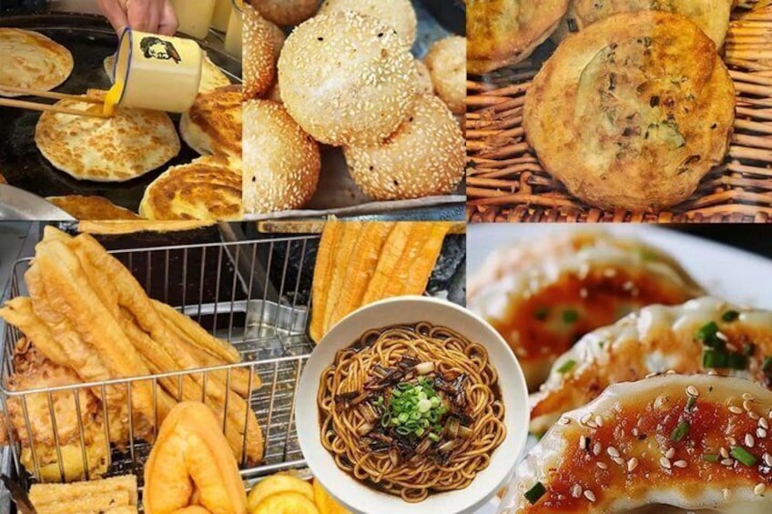 A variety of fried foods, including breaded items and noodles, being cooked on a griddle. 2