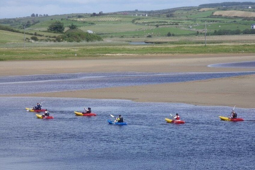 Un groupe de personnes pratiquant le kayak sur une rivière paisible, avec une rive sablonneuse et des champs verdoyants en arrière-plan. 4