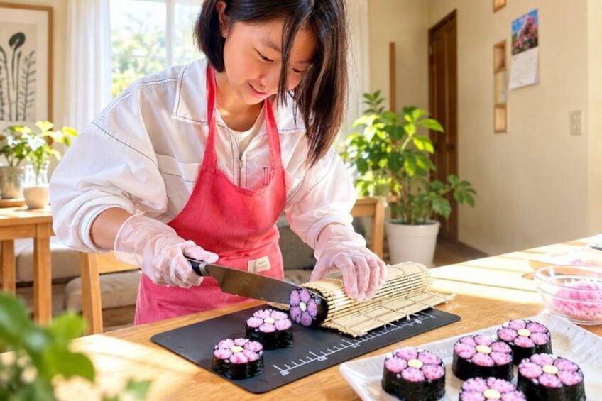 A person preparing sushi with a knife on a cutting board. 3