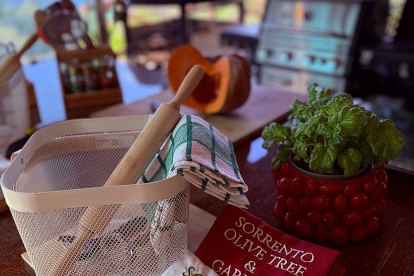 A kitchen setting with a sieve, a rolling pin, a book titled 'Sorrento Olive Tree & Cactus', and a potted plant. 2
