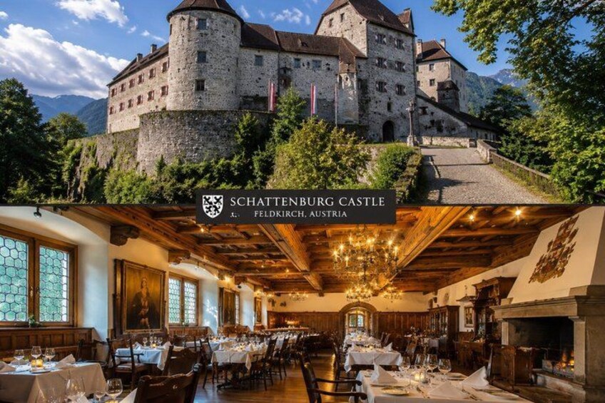 Schloss Schattenburg Castle, a historic building with a castle-like structure, and an interior dining area with tables set for a meal. 2